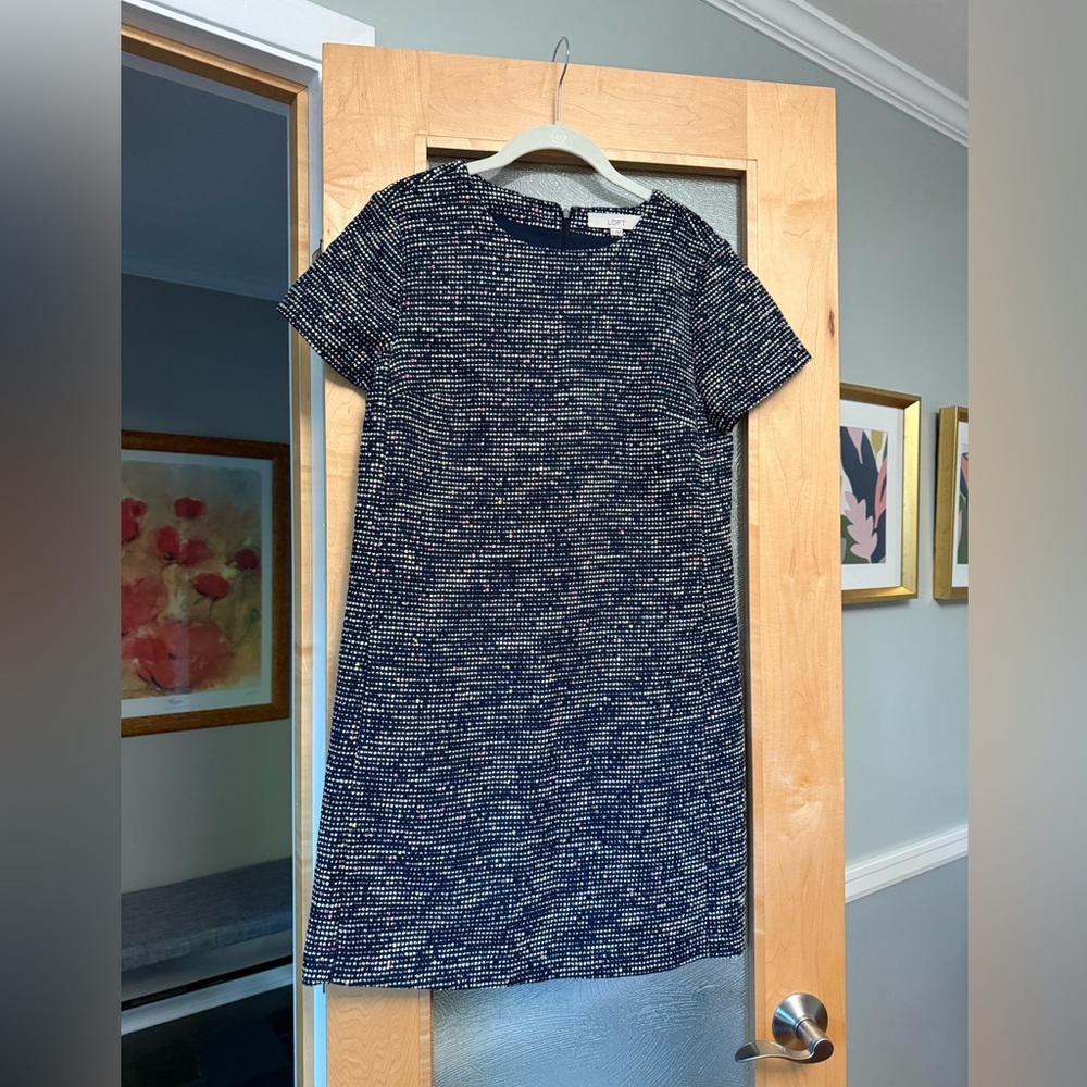 NWOT Loft tweed dress, navy blue with white and pink threading.
